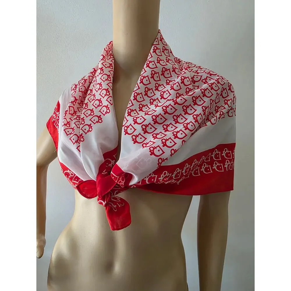 Christian Dior Red White CD Silk Printed Scarf